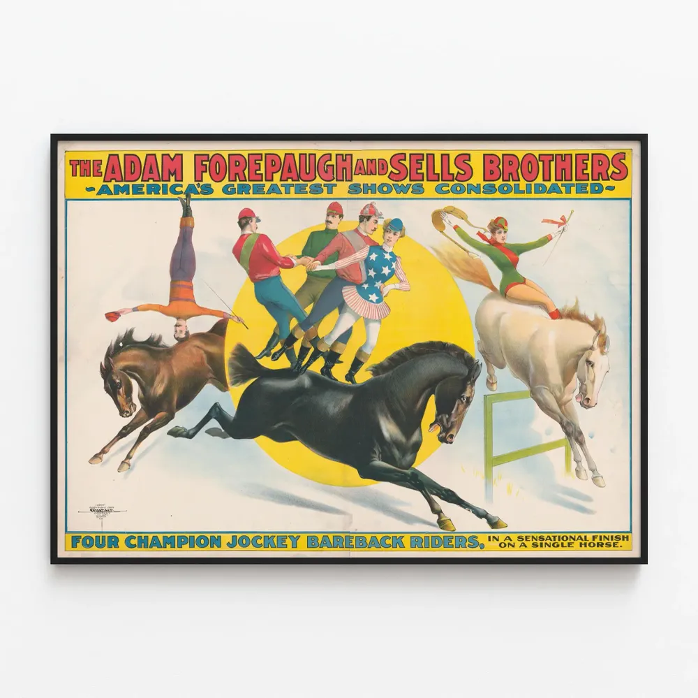Affiche vintage Cavaliers de spectacle équestre en équilibre