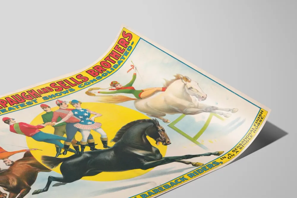 Affiche vintage Cavaliers de spectacle équestre en équilibre