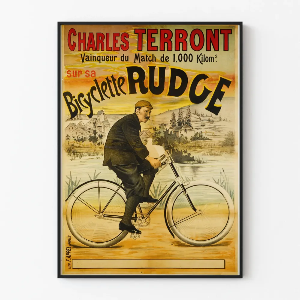 Affiche vintage Charles Terront et sa bicyclette Rudge pour décoration murale