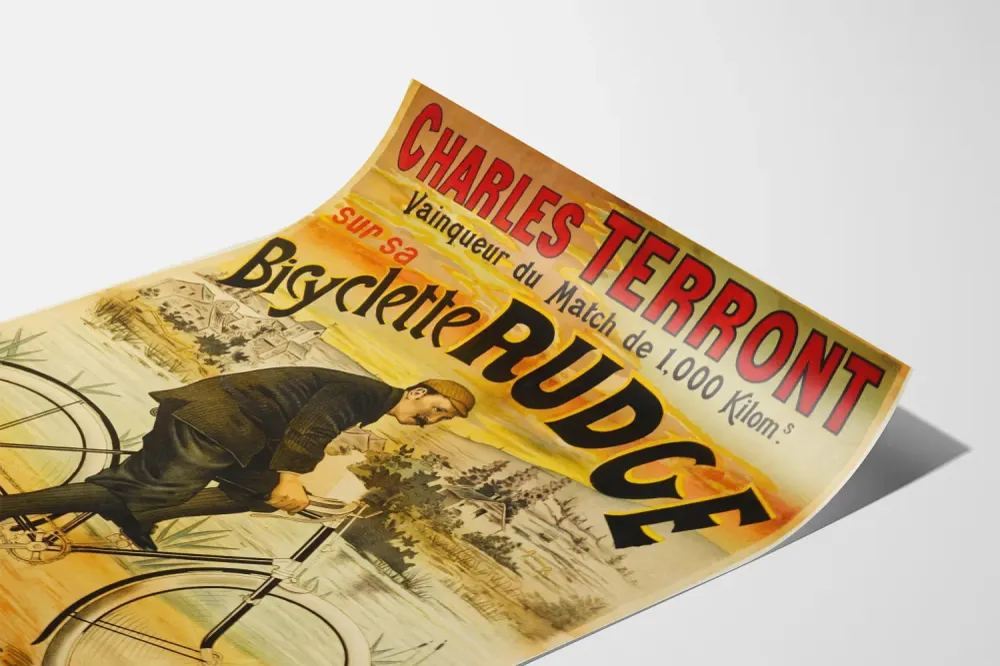 Affiche vintage Charles Terront et sa bicyclette Rudge pour décoration murale