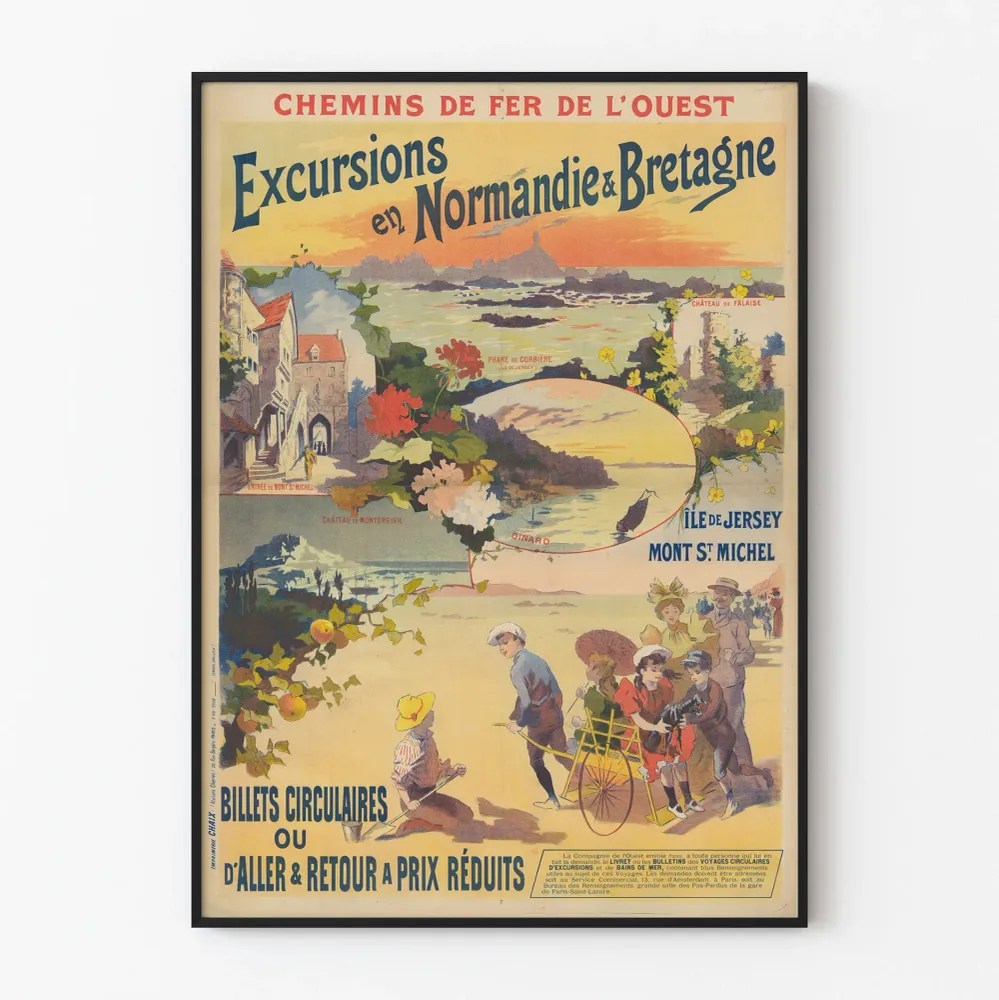 Affiche Vintage Chemins de Fer de l'Ouest - Excursions en Normandie & Bretagne