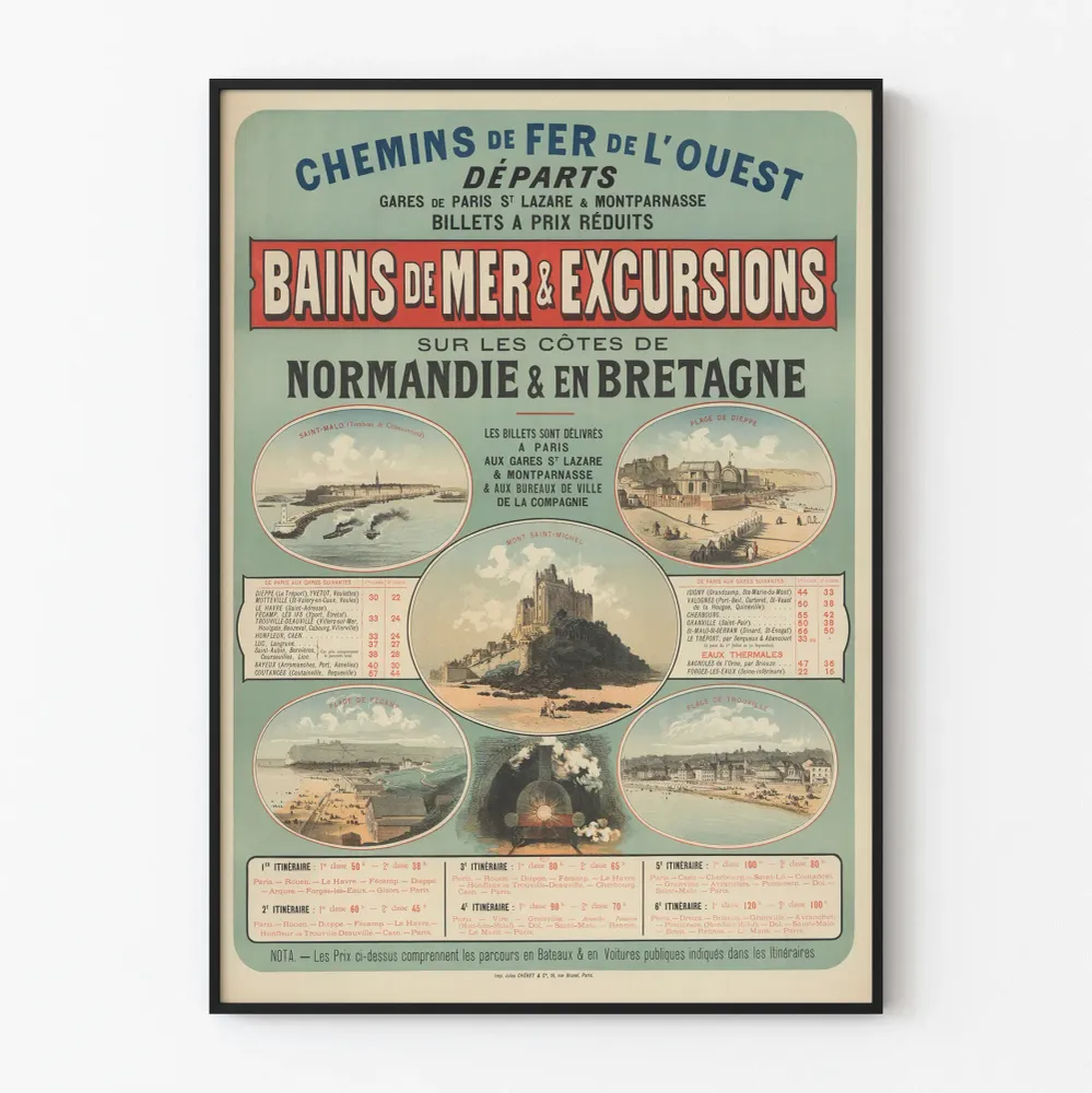 Affiche vintage Chemins de Fer de l'Ouest - Excursions en Normandie et Bretagne
