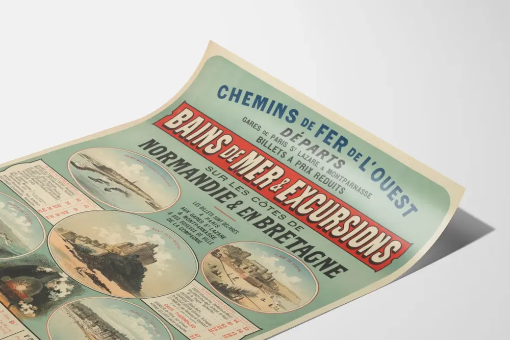 Affiche vintage Chemins de Fer de l'Ouest - Excursions en Normandie et Bretagne