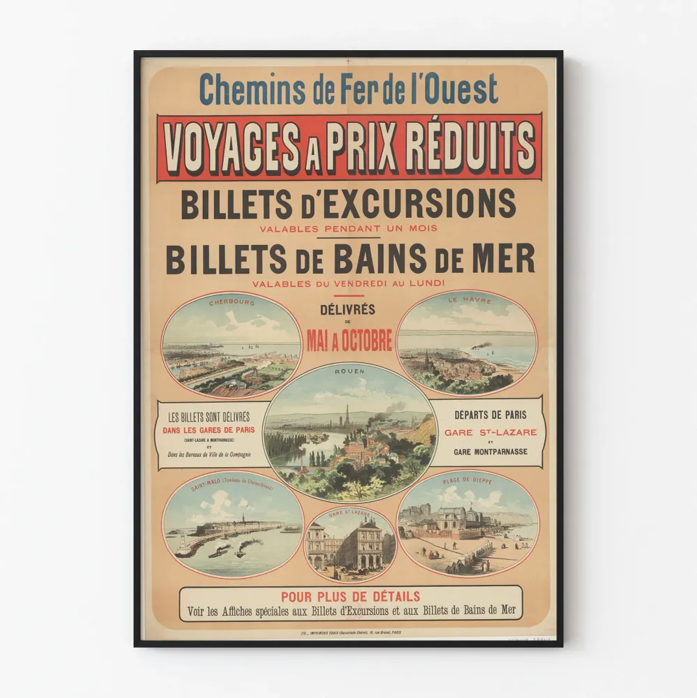 Affiche vintage Chemins de Fer de l'Ouest voyages à prix réduits
