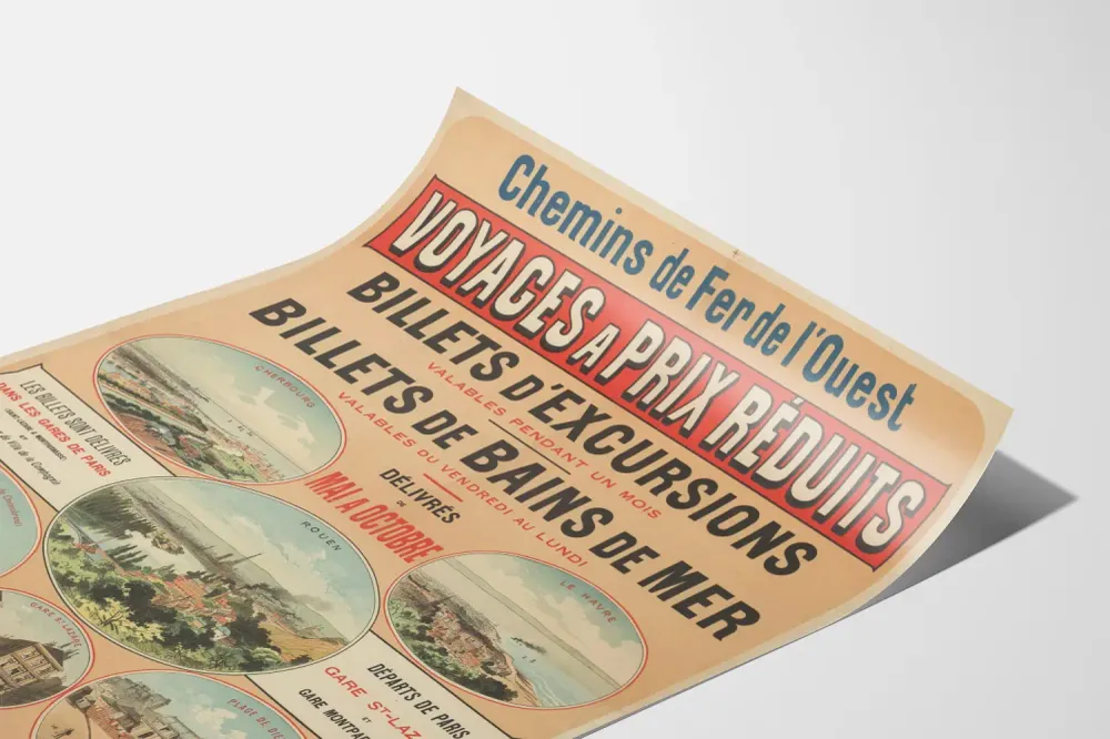 Affiche vintage Chemins de Fer de l'Ouest voyages à prix réduits