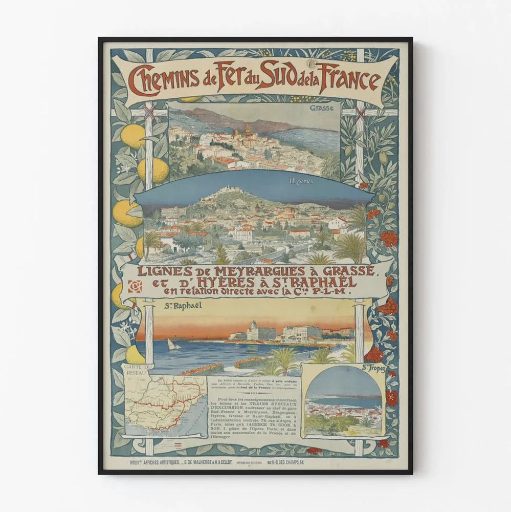 Affiche vintage Chemins de Fer du Sud de la France - Lignes Meyrargues à Grasse et Hyères à Saint-Raphaël