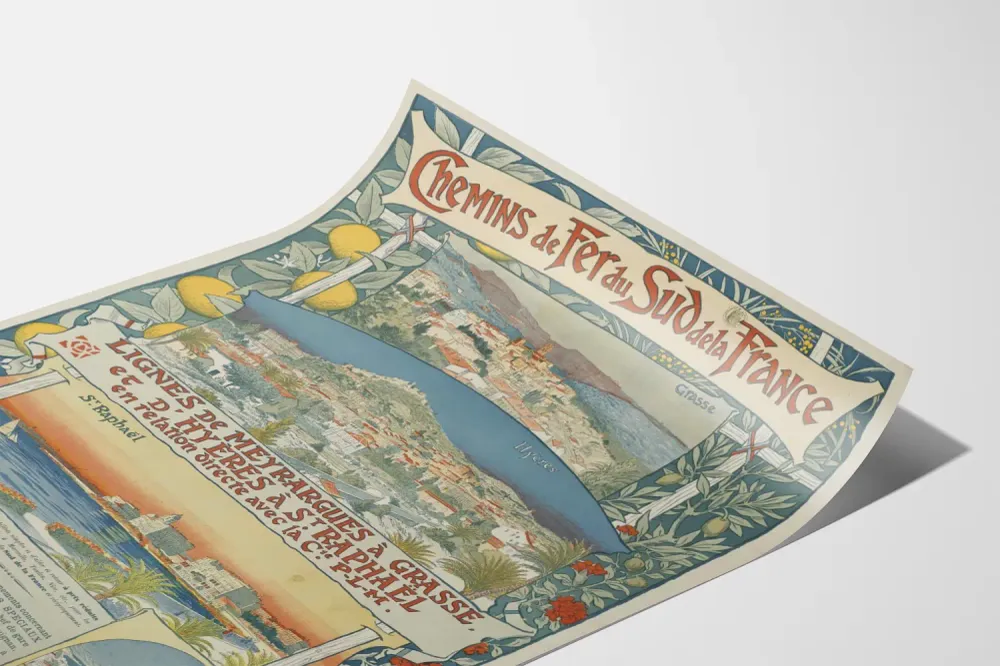 Affiche vintage Chemins de Fer du Sud de la France - Lignes Meyrargues à Grasse et Hyères à Saint-Raphaël