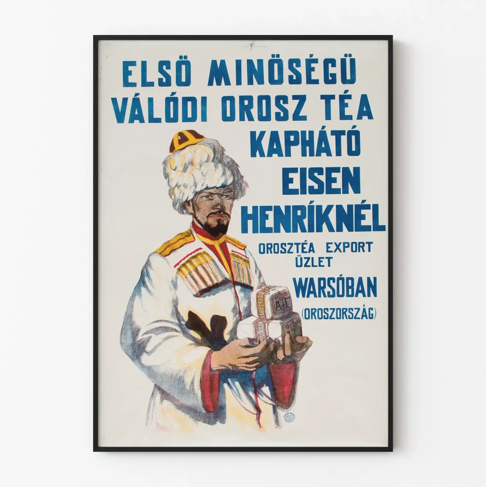 Affiche Vintage Chien Russe représentant un Homme en Costume Traditionnel avec Thé