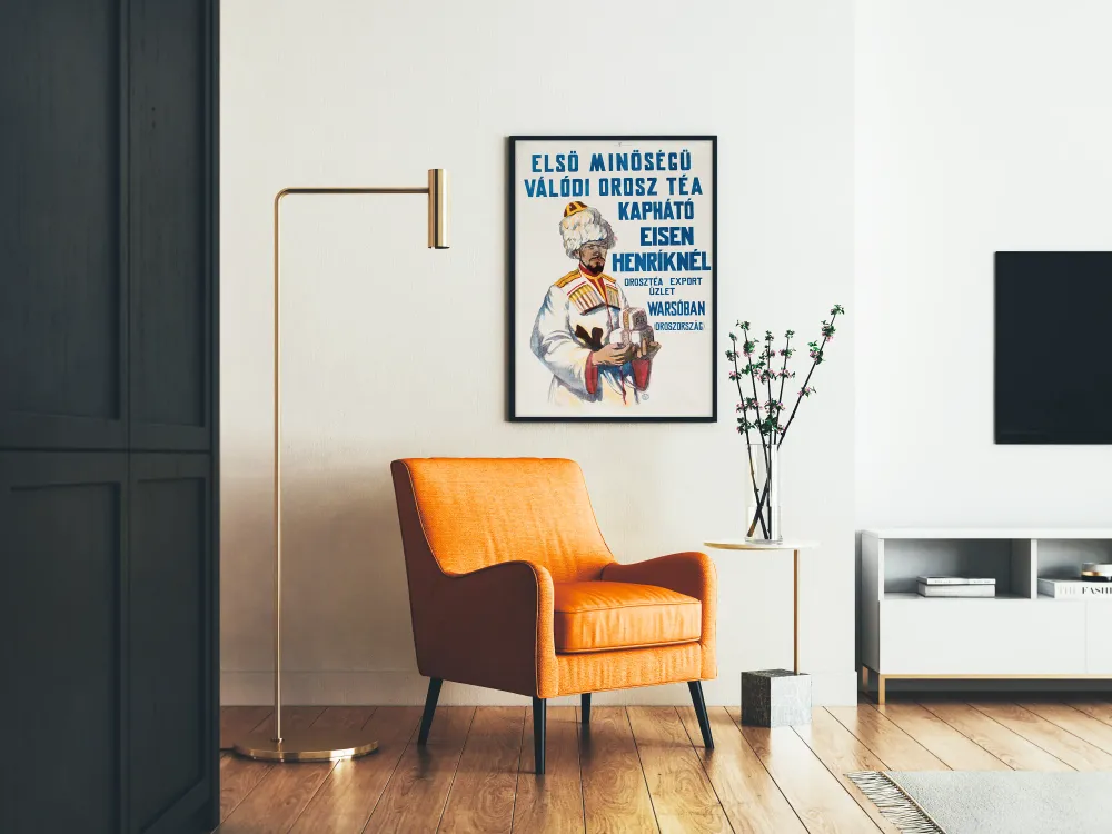 Affiche Vintage Chien Russe représentant un Homme en Costume Traditionnel avec Thé