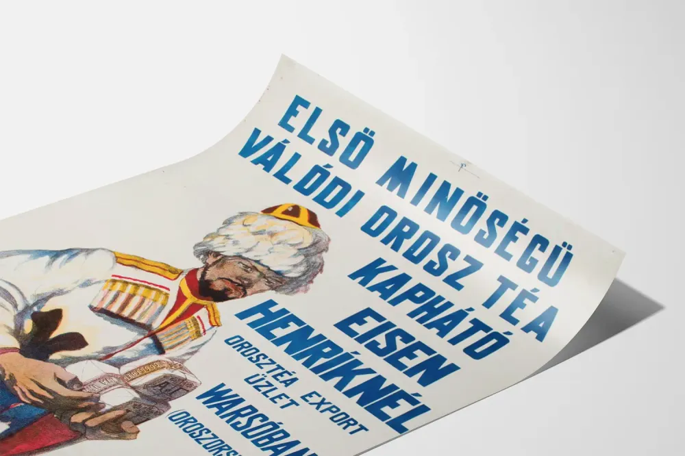 Affiche Vintage Chien Russe représentant un Homme en Costume Traditionnel avec Thé