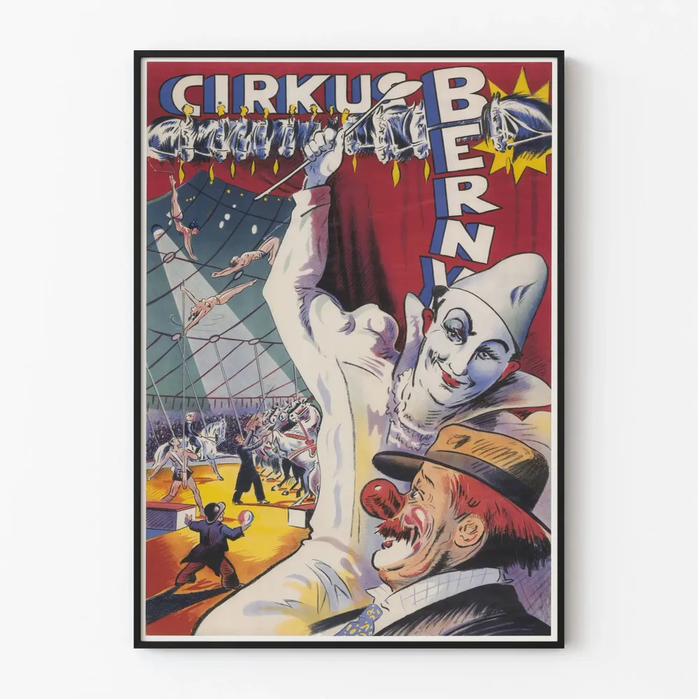 Affiche vintage Cirque Berny en manège avec clown et artistes