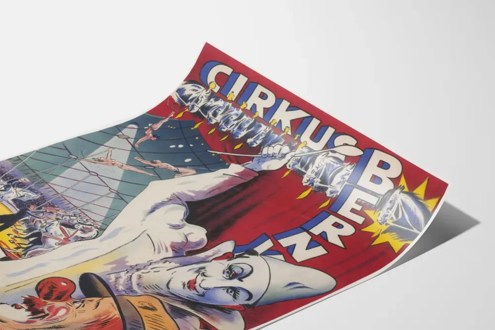 Affiche vintage Cirque Berny en manège avec clown et artistes