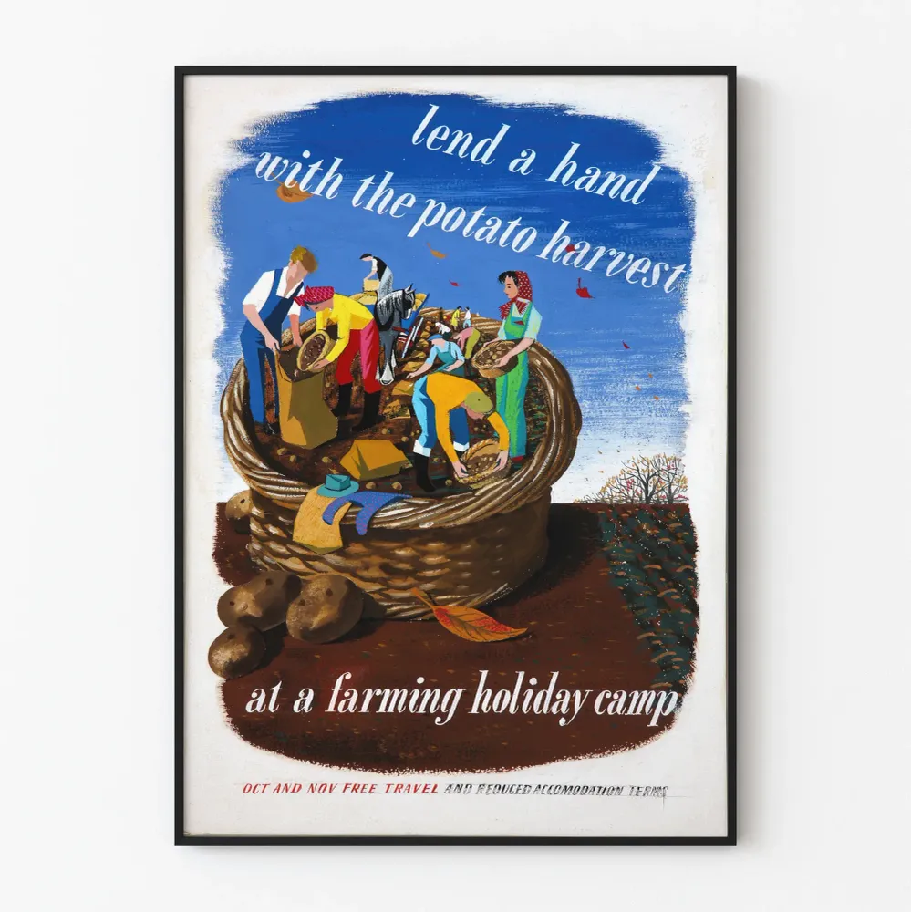 Affiche vintage cueillette de pommes de terre en ferme