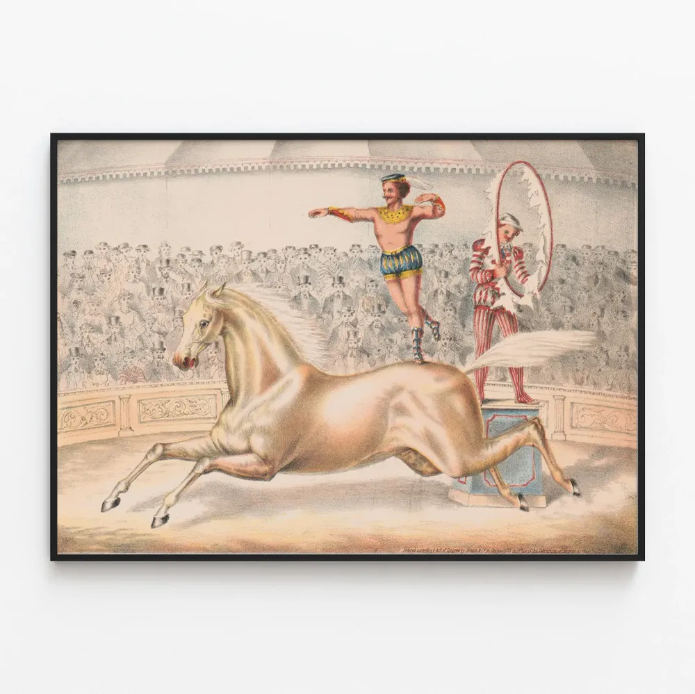Affiche vintage d’artiste de cirque sautant à travers un anneau en feu