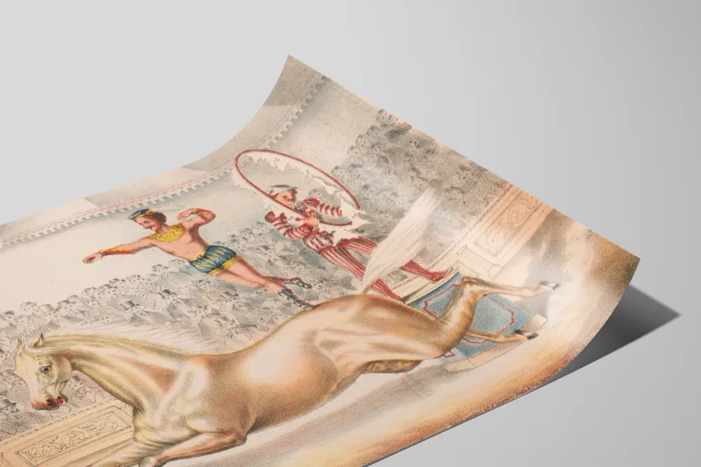 Affiche vintage d’artiste de cirque sautant à travers un anneau en feu