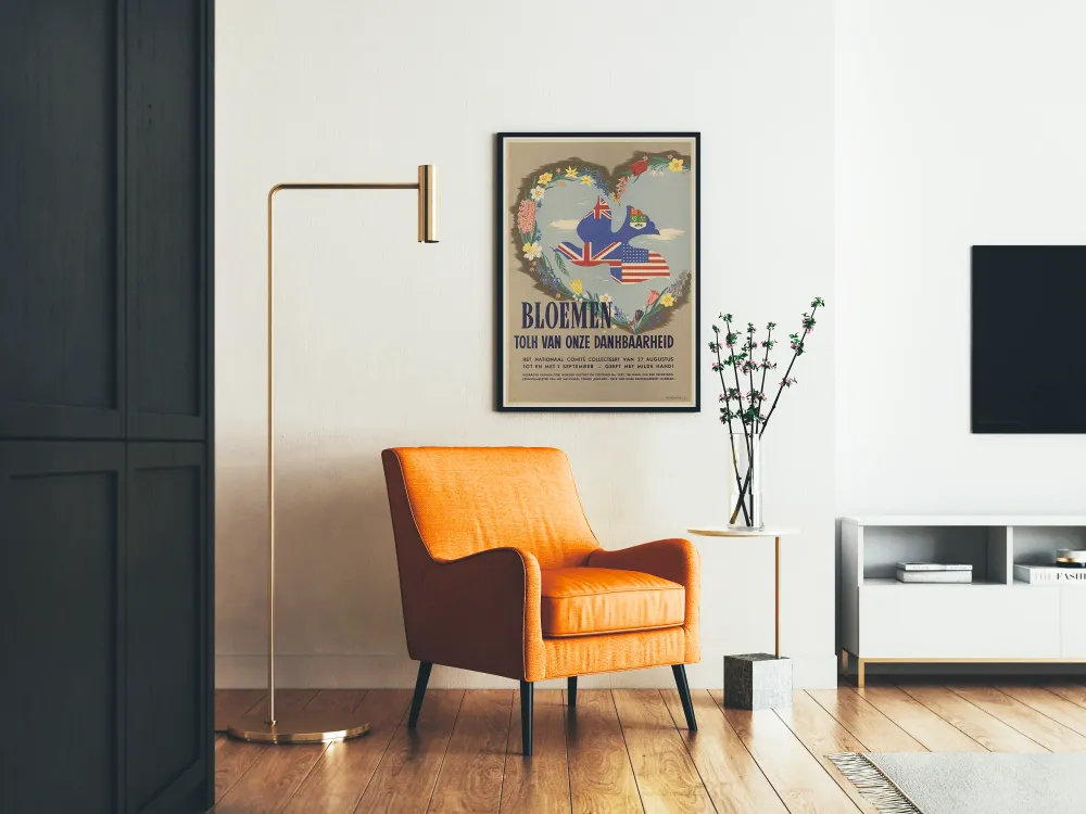 Affiche vintage décorative avec colombe et drapeaux entourée de fleurs