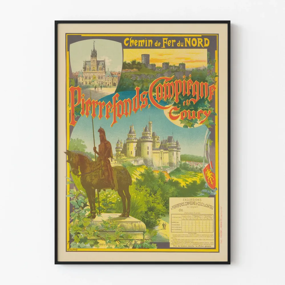 Affiche vintage des châteaux de Pierrefonds, Compiègne et Coucy