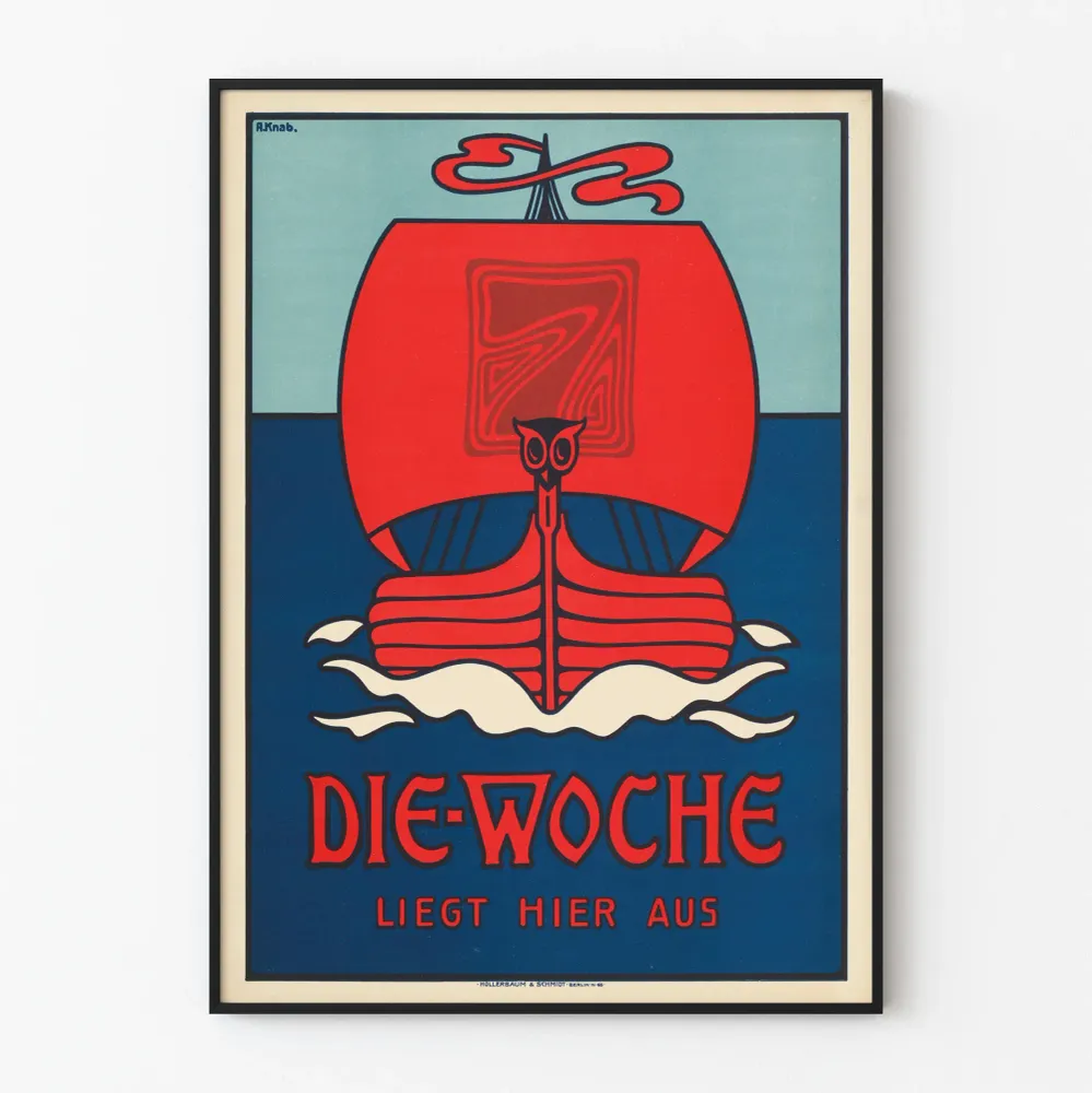 Affiche vintage Die Woche avec bateau rouge sur fond bleu