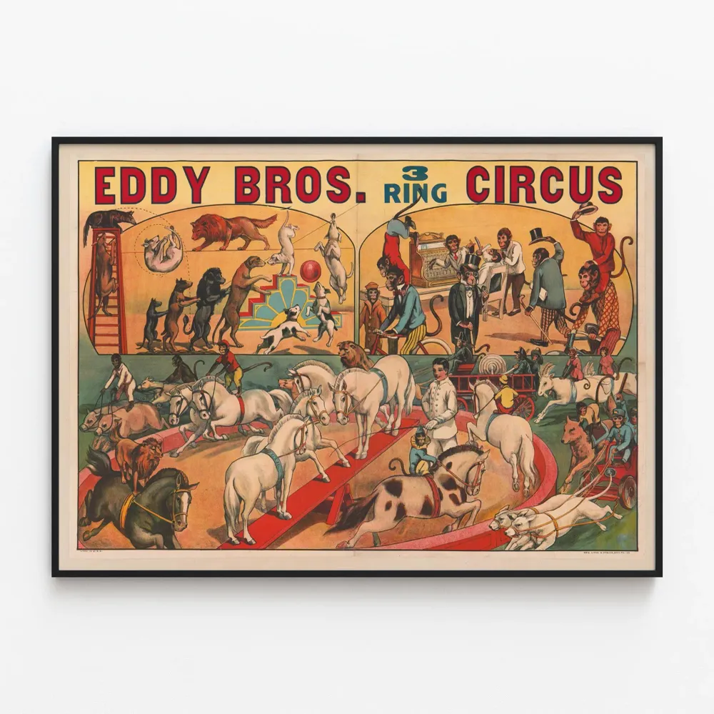 Affiche Vintage Eddy Bros. 3 Ring Circus – Décoration Murale Cirque Animaux et Singes