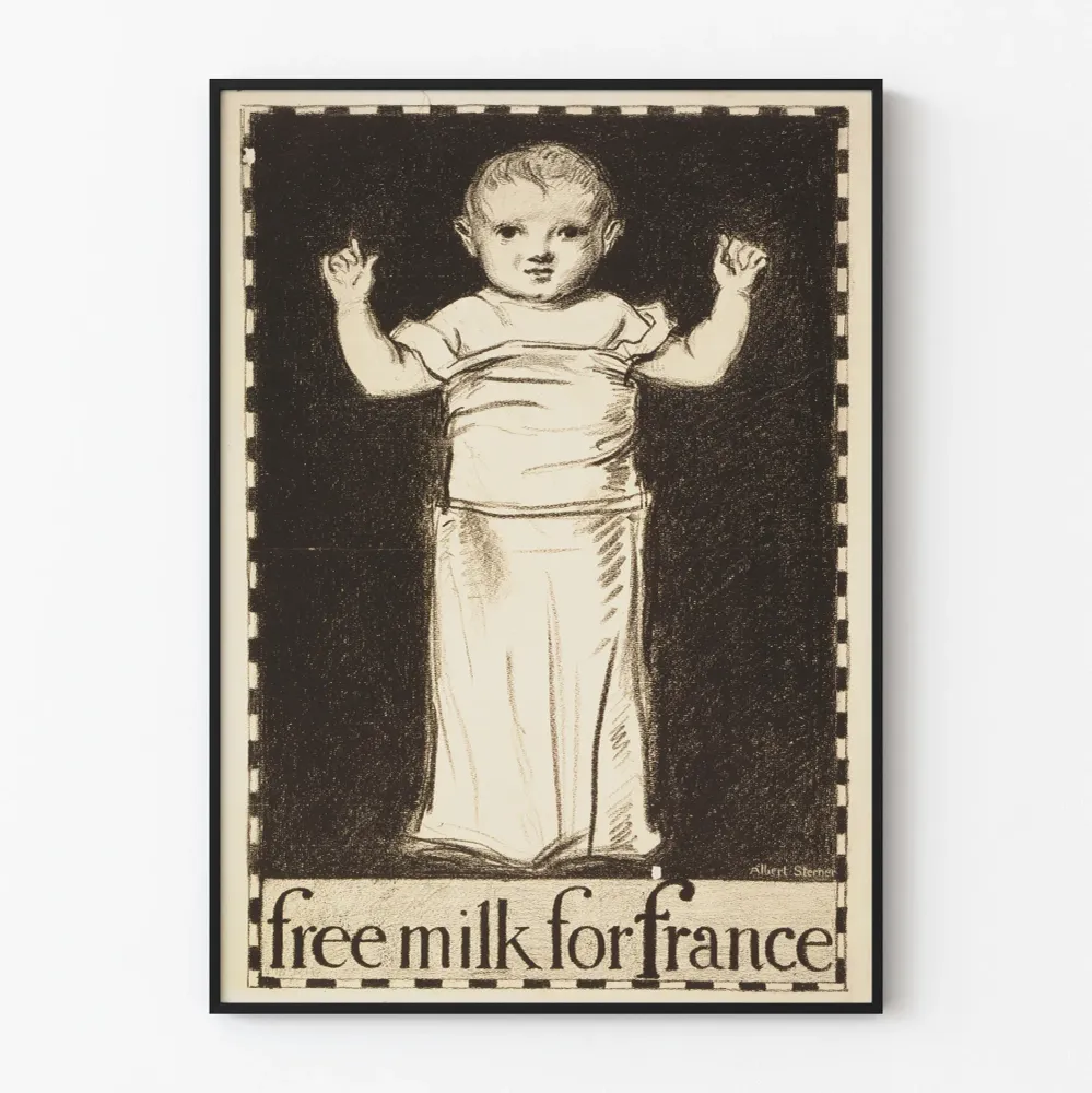 Affiche vintage Free Milk France avec bébé en dessin au trait