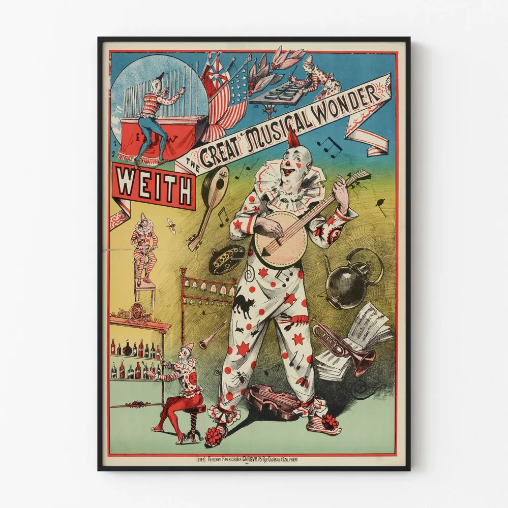 Affiche Vintage Le Grand Merveille Musical Weith Clown Musicien