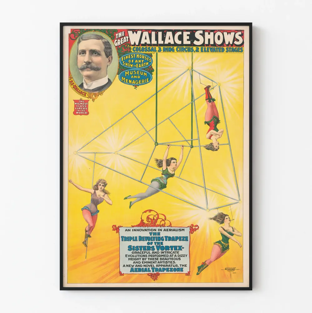 Affiche vintage Great Wallace Shows - Trapèze triple tournant des Sisters Vortex