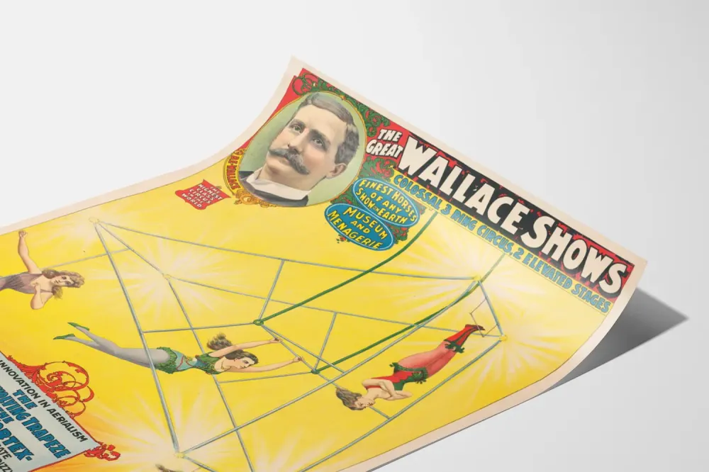 Affiche vintage Great Wallace Shows - Trapèze triple tournant des Sisters Vortex