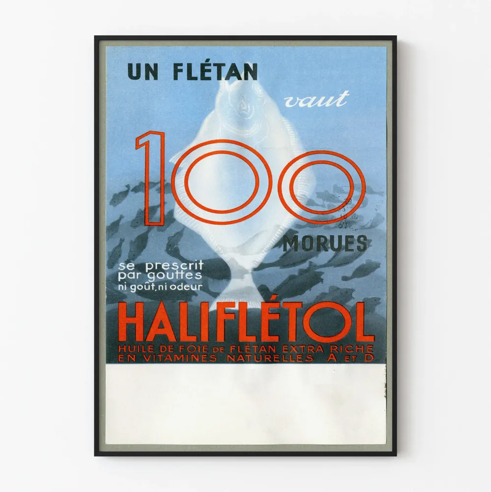 Affiche vintage Haliflétoil flétan et morues huile de foie