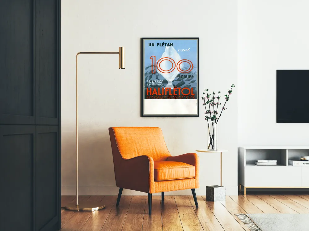 Affiche vintage Haliflétoil flétan et morues huile de foie