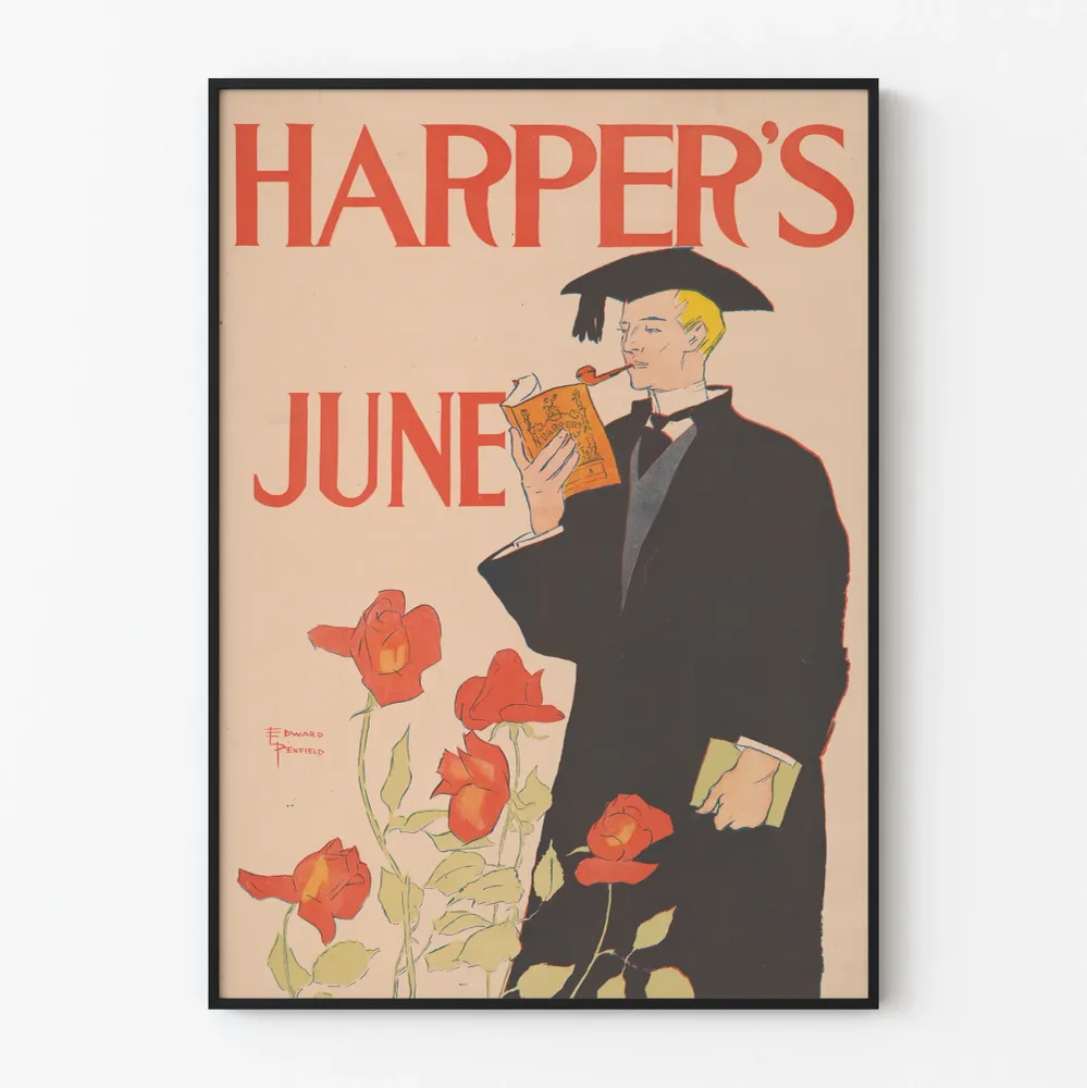 Affiche Vintage Harper's June avec étudiant en toge et pipes