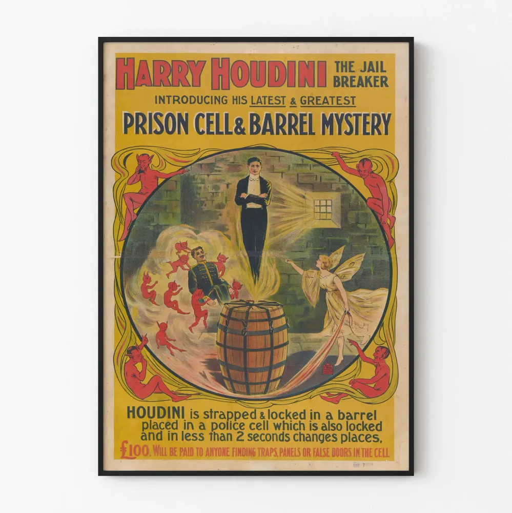 Affiche vintage Harry Houdini Prison Cell & Barrel Mystery