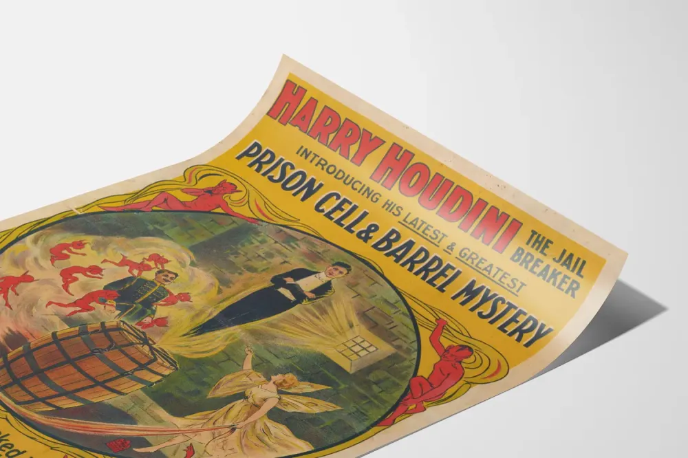 Affiche vintage Harry Houdini Prison Cell & Barrel Mystery