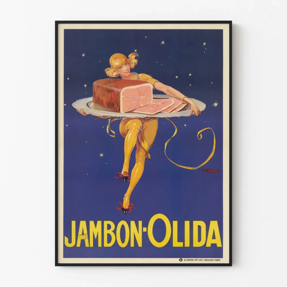 Affiche Vintage Jambon Olida Femme et Morceau de Jambon