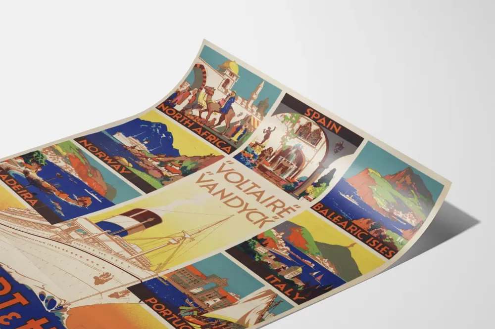 Affiche vintage Lamport & Holt Cruises avec destinations européennes et africaines