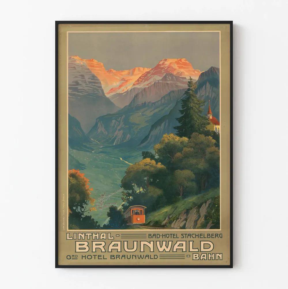 Affiche Vintage Linthal Braunwald Bahn - Décoration Murale Montagne Suisse