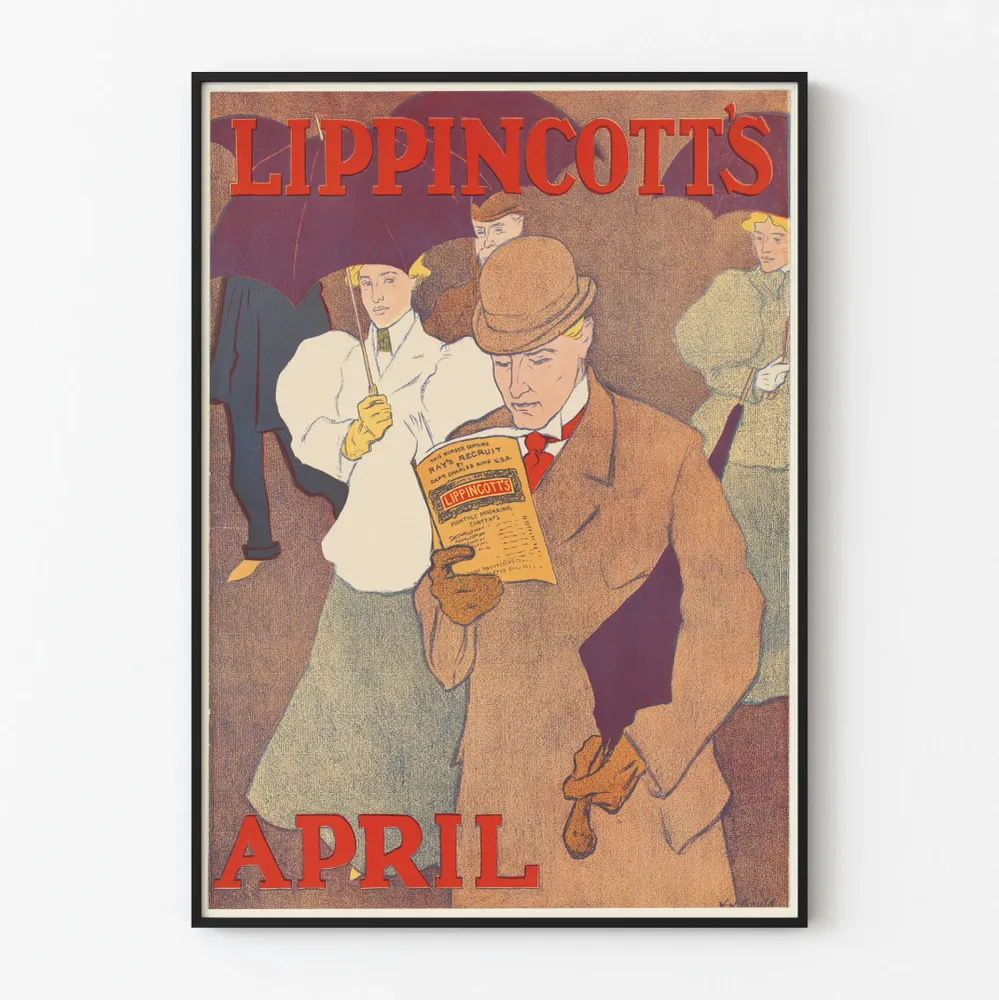 Affiche vintage Lippincott's April lecture sous parapluie