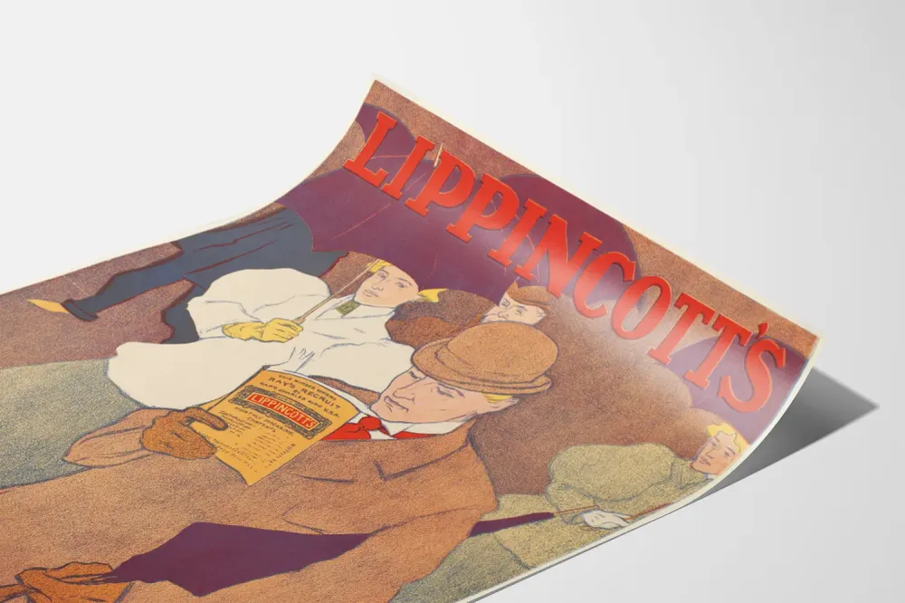 Affiche vintage Lippincott's April lecture sous parapluie