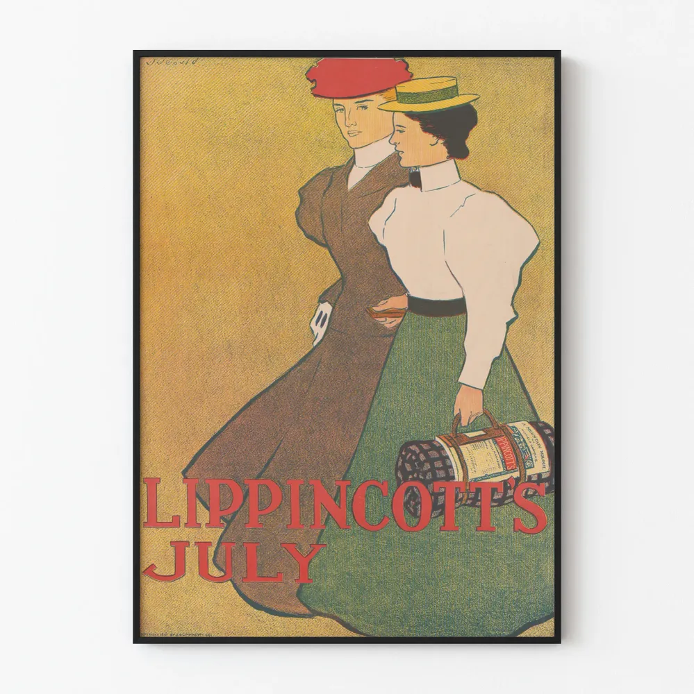 Affiche vintage Lippincott's July avec deux femmes élégantes