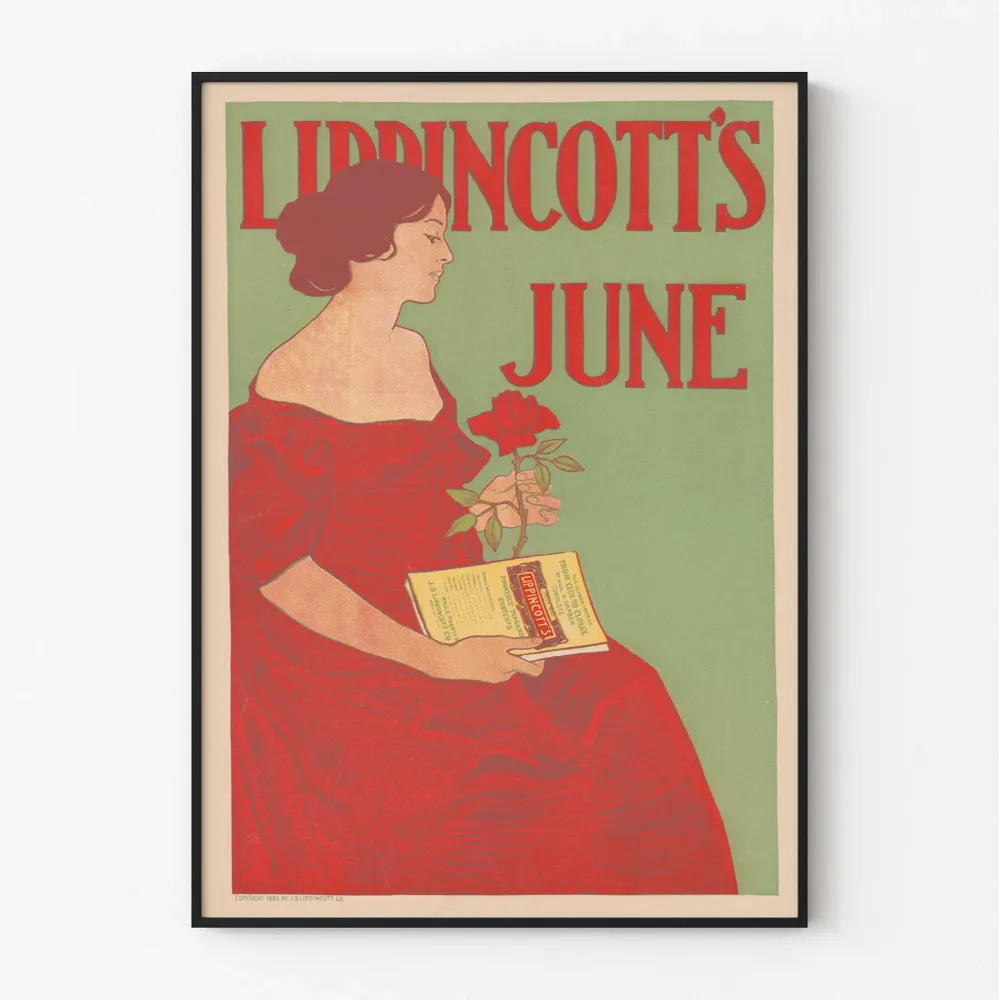 Affiche Vintage Lippincott's June avec Femme en Robe Rouge