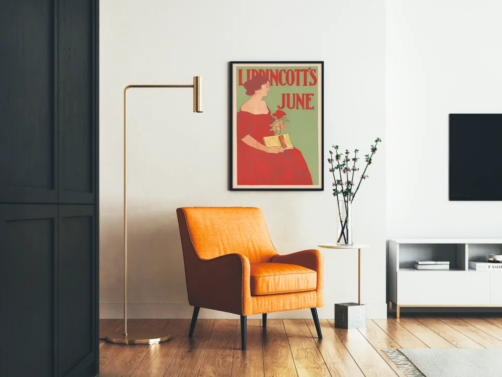Affiche Vintage Lippincott's June avec Femme en Robe Rouge