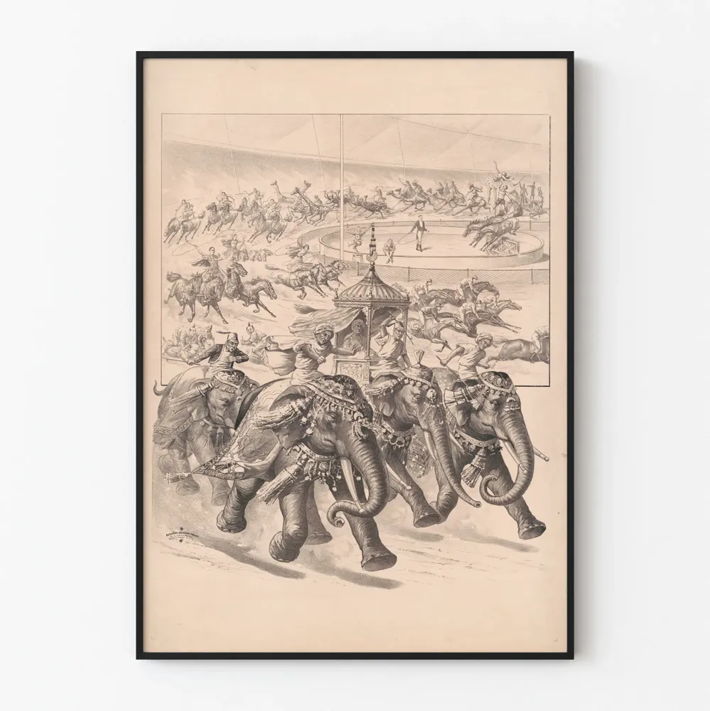 Affiche vintage éléphants, chevaux, girafes et chameaux en parade