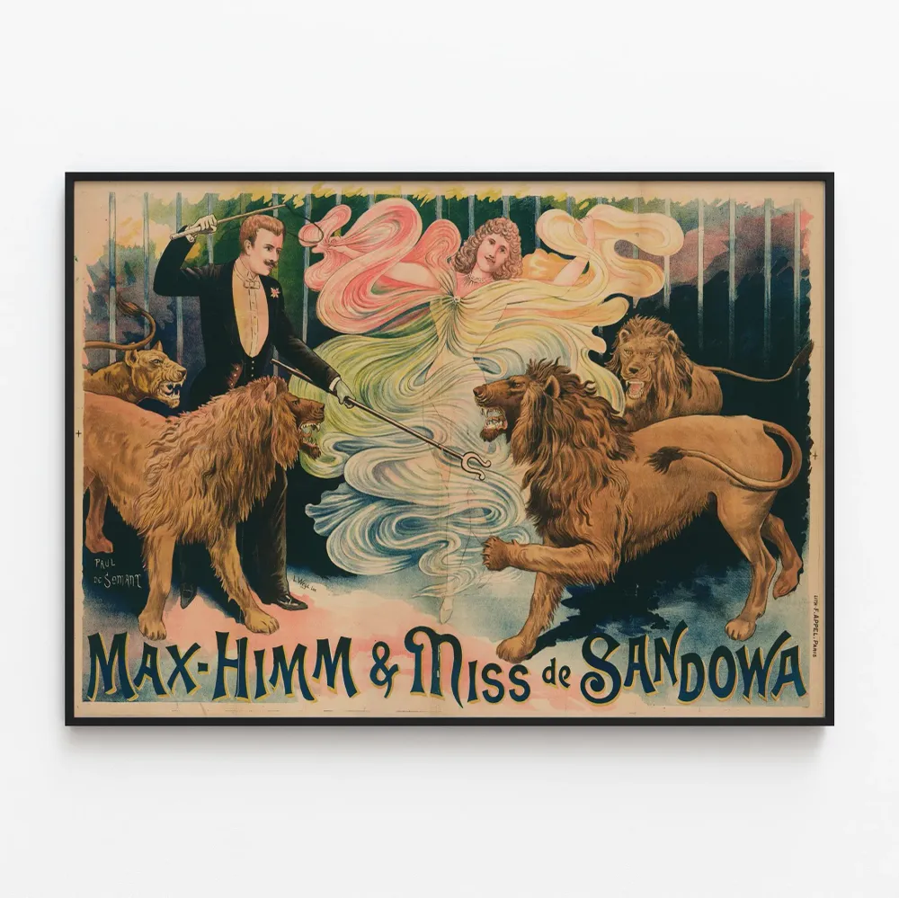 Affiche vintage Max-Himm & Miss de Sandowa avec domptage de lions