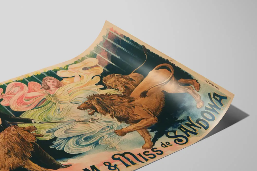 Affiche vintage Max-Himm & Miss de Sandowa avec domptage de lions