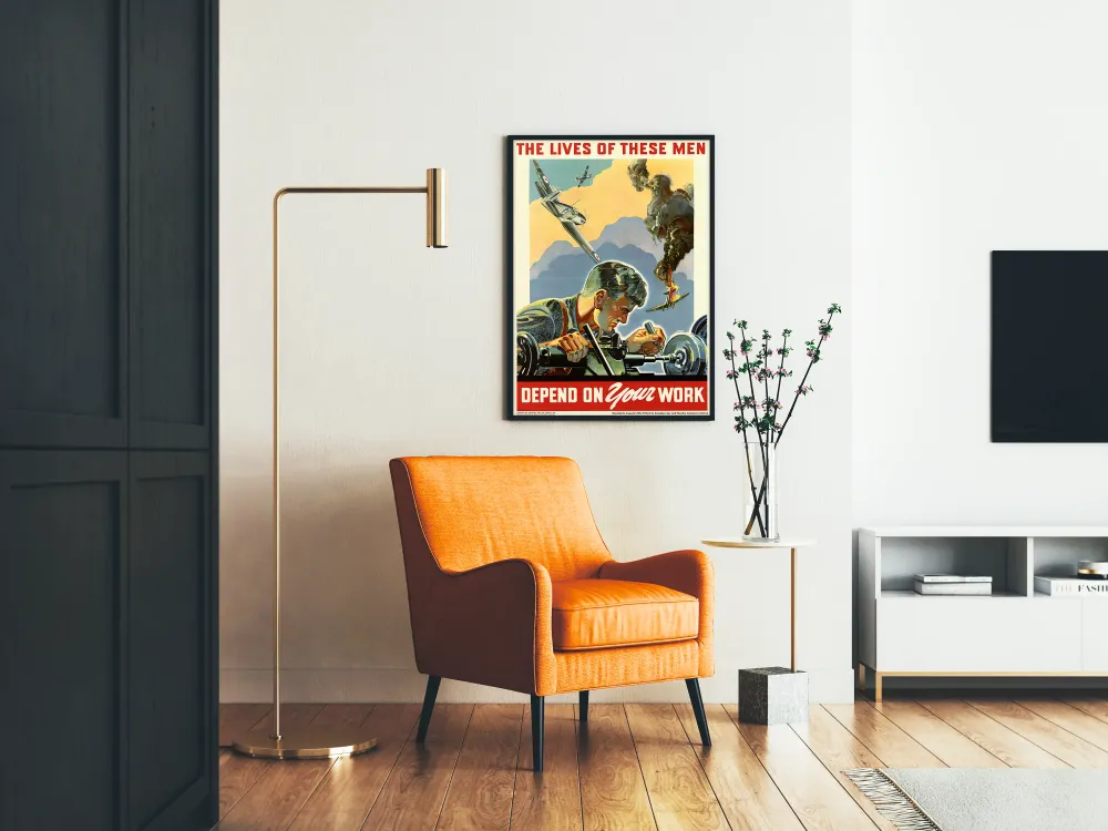 Affiche vintage militaire « Lives These Men Depend on Your Work »