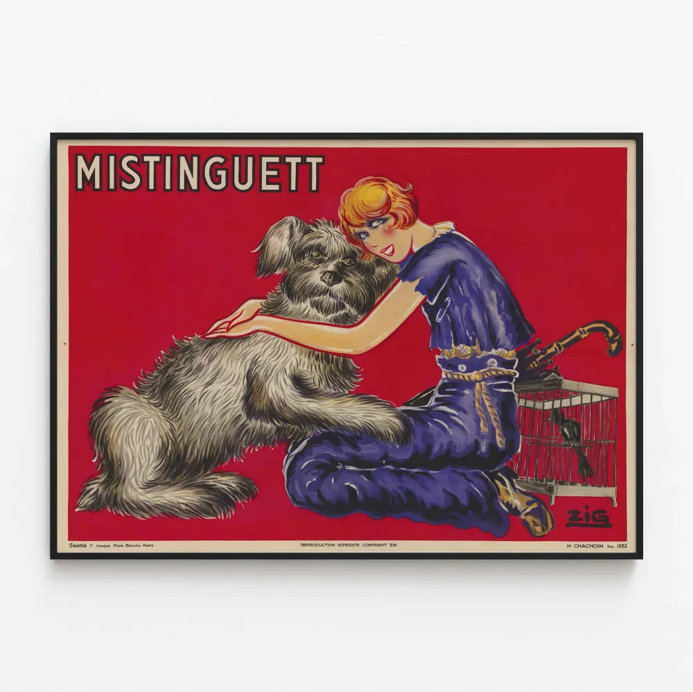 Affiche vintage Mistinguett habillée en bleu avec son chien gris