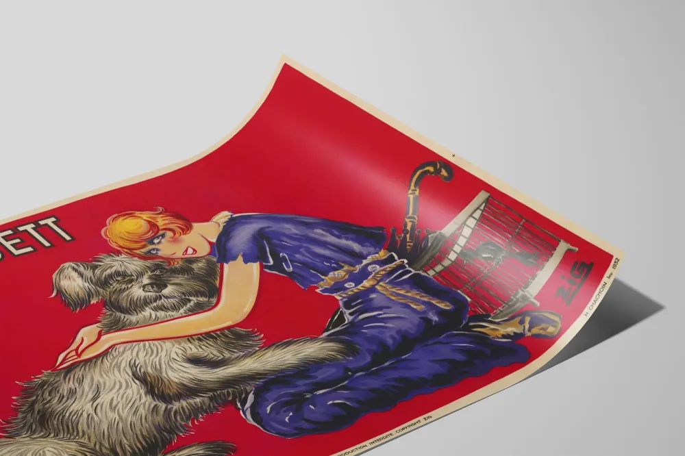 Affiche vintage Mistinguett habillée en bleu avec son chien gris