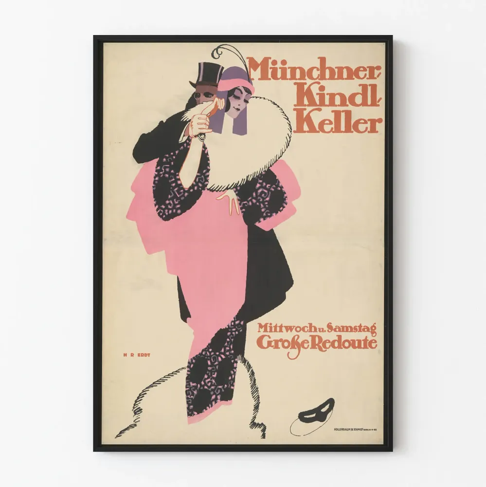 Affiche Vintage Münchner Kindl Keller en Rose et Noir
