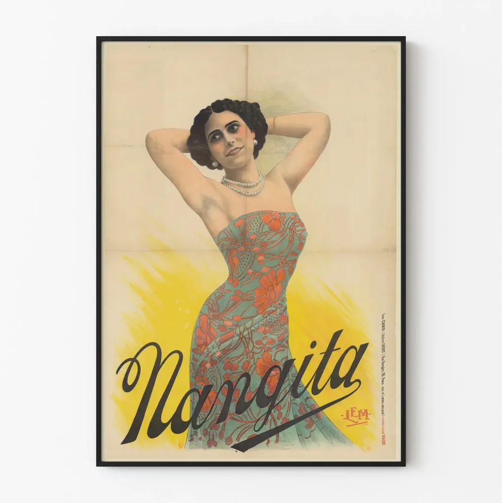 Affiche vintage Nangita femme en robe fleurie art déco