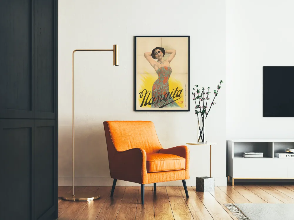 Affiche vintage Nangita femme en robe fleurie art déco