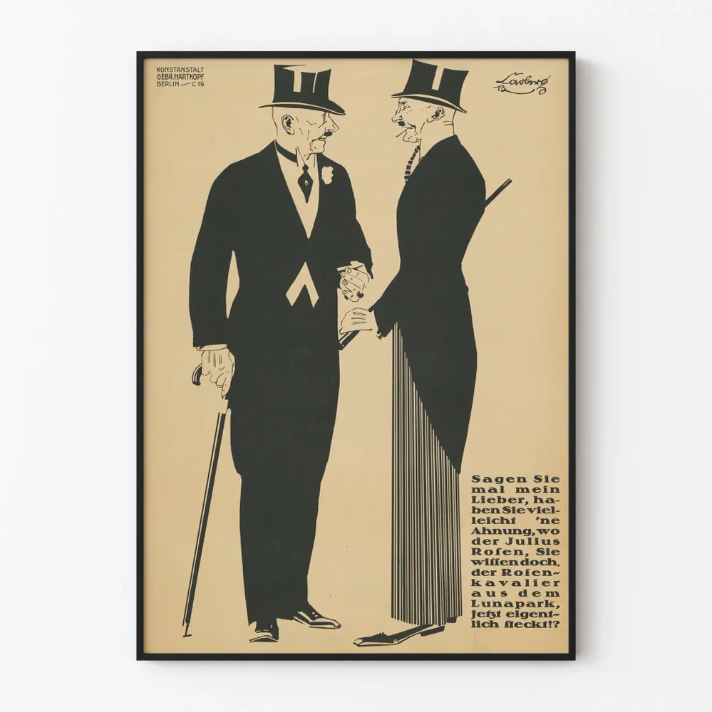 Affiche vintage noire et beige avec deux hommes élégants en haut-de-forme